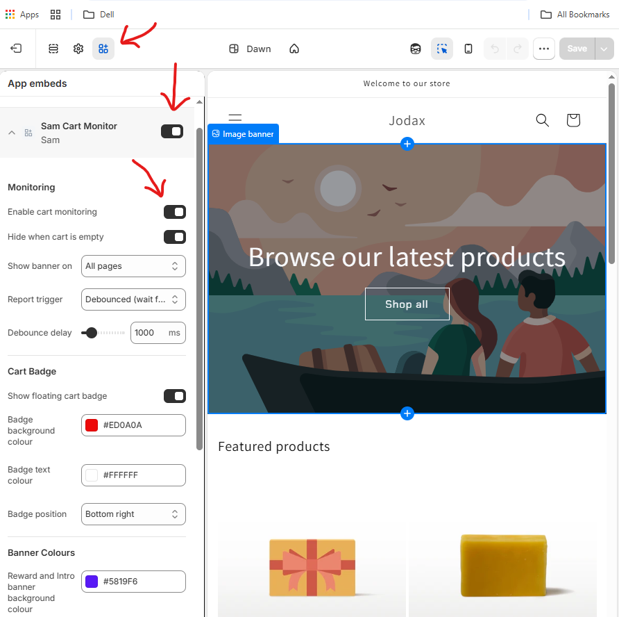 App embeds — Sam Cart Monitor toggle in the theme editor