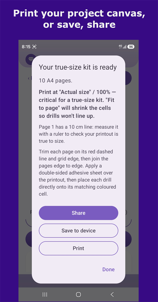 Print, share and save options for a finished pattern